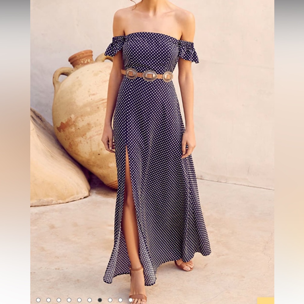 Lulu’s Dream Love Navy Blue Polka Dot Off-the-Shoulder Maxi Dress M